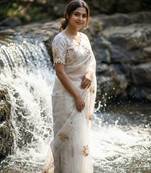 White Color embroidery beats work Silk Blend Saree