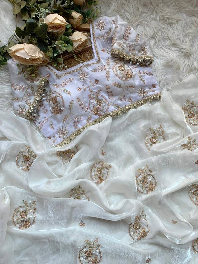 White Color embroidery beats work Silk Blend Saree