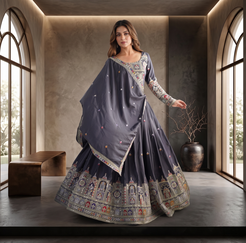 Light Black traditional lehenga choli with heavy border work & elegant dupatta
