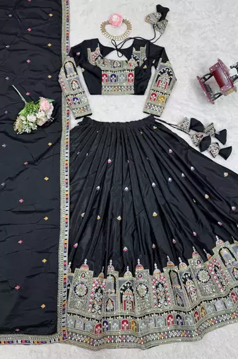  Light Black traditional lehenga choli with heavy border work & elegant dupatta