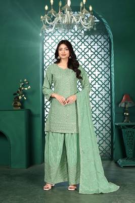 Teal chinon stitched top with stitched chinon bottom and chinon dupatta 3/4 sleeve embroidered straight kurta 1