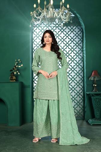 Teal chinon stitched top with stitched chinon bottom and chinon dupatta 3/4 sleeve embroidered straight kurta