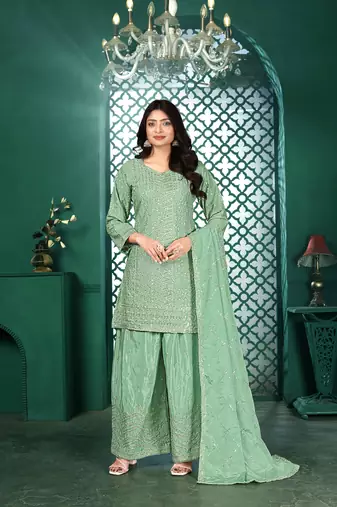 Teal chinon stitched top with stitched chinon bottom and chinon dupatta 3/4 sleeve embroidered straight kurta