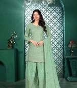 Teal chinon stitched top with stitched chinon bottom and chinon dupatta 3/4 sleeve embroidered straight kurta