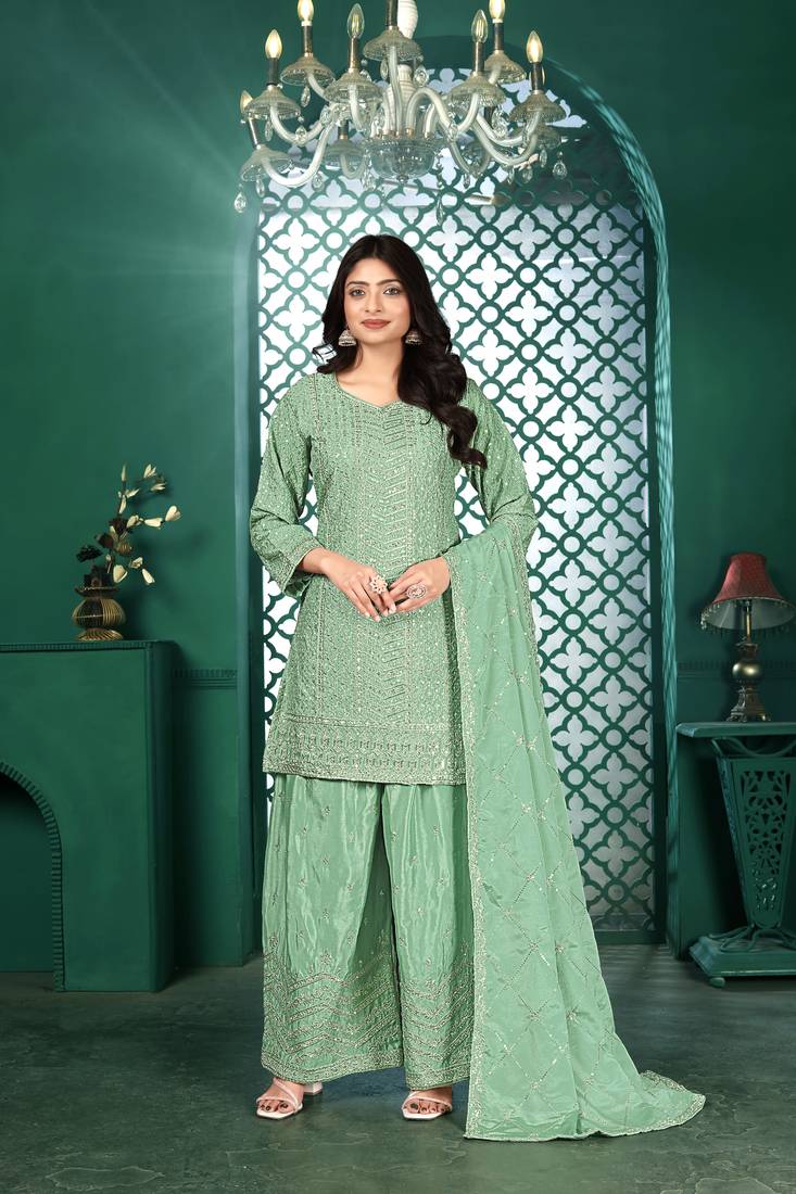 Teal chinon stitched top with stitched chinon bottom and chinon dupatta 3/4 sleeve embroidered straight kurta