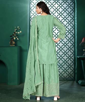 Teal chinon stitched top with stitched chinon bottom and chinon dupatta 3/4 sleeve embroidered straight kurta 2