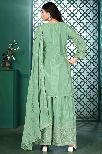 Teal chinon stitched top with stitched chinon bottom and chinon dupatta 3/4 sleeve embroidered straight kurta