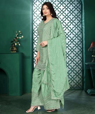 Teal chinon stitched top with stitched chinon bottom and chinon dupatta 3/4 sleeve embroidered straight kurta 3
