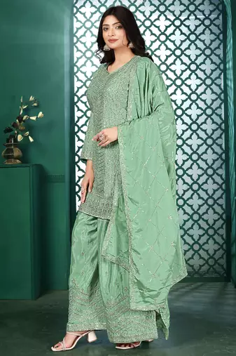 Teal chinon stitched top with stitched chinon bottom and chinon dupatta 3/4 sleeve embroidered straight kurta