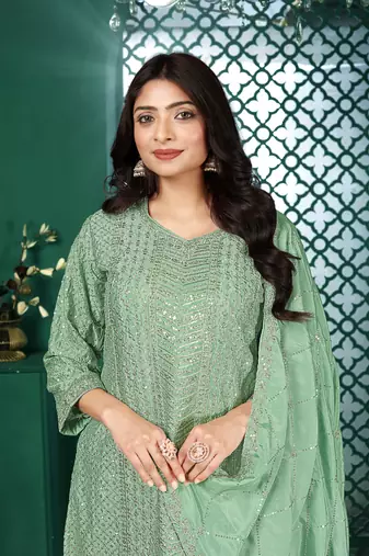 Teal chinon stitched top with stitched chinon bottom and chinon dupatta 3/4 sleeve embroidered straight kurta