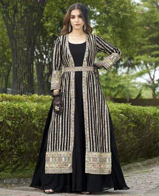 Black faux georgette full sleeve embroidered gown with jacket and dupatta 1