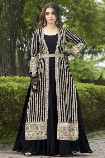 Black faux georgette full sleeve embroidered gown with jacket and dupatta