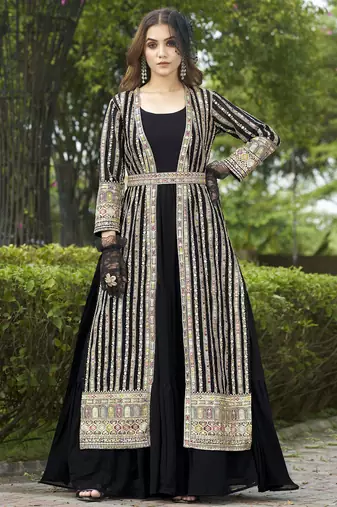 Black faux georgette full sleeve embroidered gown with jacket and dupatta