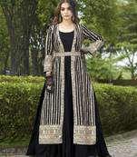 Black faux georgette full sleeve embroidered gown with jacket and dupatta