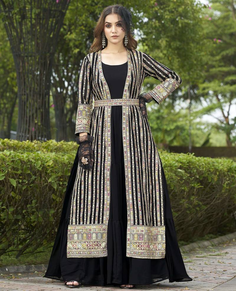 Black faux georgette full sleeve embroidered gown with jacket and dupatta