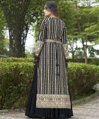 Black faux georgette full sleeve embroidered gown with jacket and dupatta 2