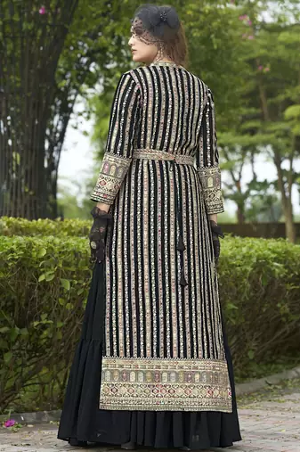 Black faux georgette full sleeve embroidered gown with jacket and dupatta