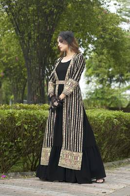 Black faux georgette full sleeve embroidered gown with jacket and dupatta 3