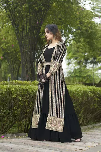 Black faux georgette full sleeve embroidered gown with jacket and dupatta