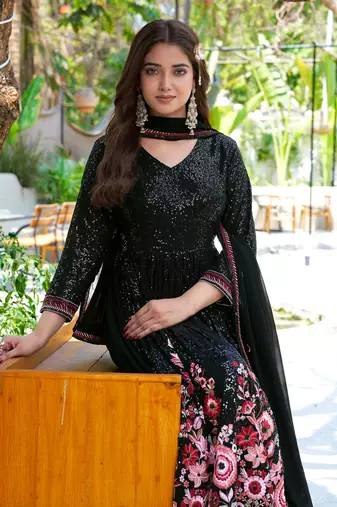 Black faux georgette full sleeve embroidered gown with jacket and dupatta