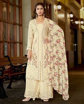 Cream chinon stitched top with stitched chinon bottom and chinon dupatta 3/4 sleeve embroidered straight kurta 2