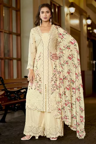 Cream chinon stitched top with stitched chinon bottom and chinon dupatta 3/4 sleeve embroidered straight kurta