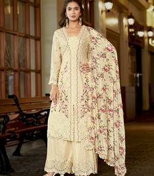 Cream chinon stitched top with stitched chinon bottom and chinon dupatta 3/4 sleeve embroidered straight kurta