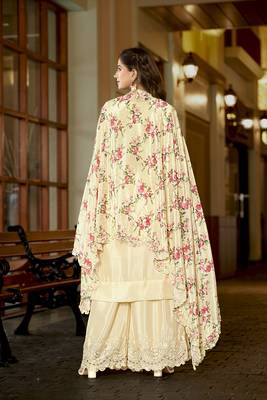 Cream chinon stitched top with stitched chinon bottom and chinon dupatta 3/4 sleeve embroidered straight kurta 4