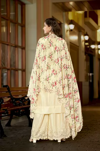 Cream chinon stitched top with stitched chinon bottom and chinon dupatta 3/4 sleeve embroidered straight kurta