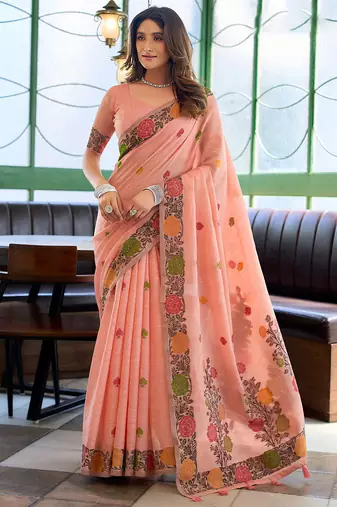 Peach linen jacquard woven saree with blouse