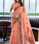 Peach linen jacquard woven saree with blouse