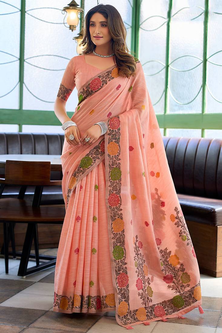 Peach linen jacquard woven saree with blouse