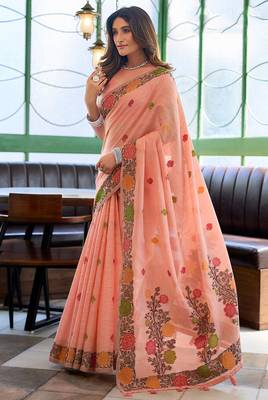 Peach linen jacquard woven saree with blouse 2
