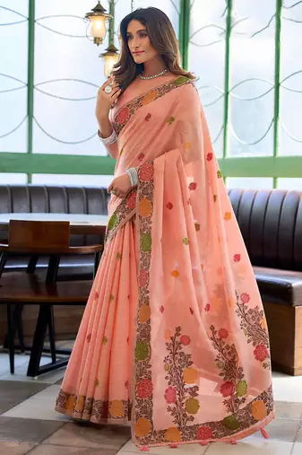 Peach linen jacquard woven saree with blouse