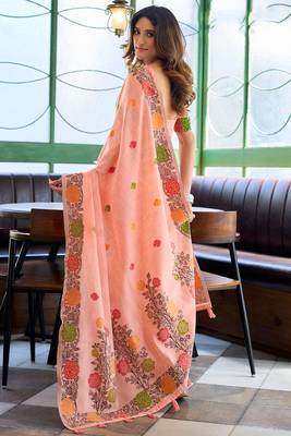 Peach linen jacquard woven saree with blouse 3