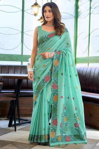 Turquoise linen jacquard woven saree with blouse