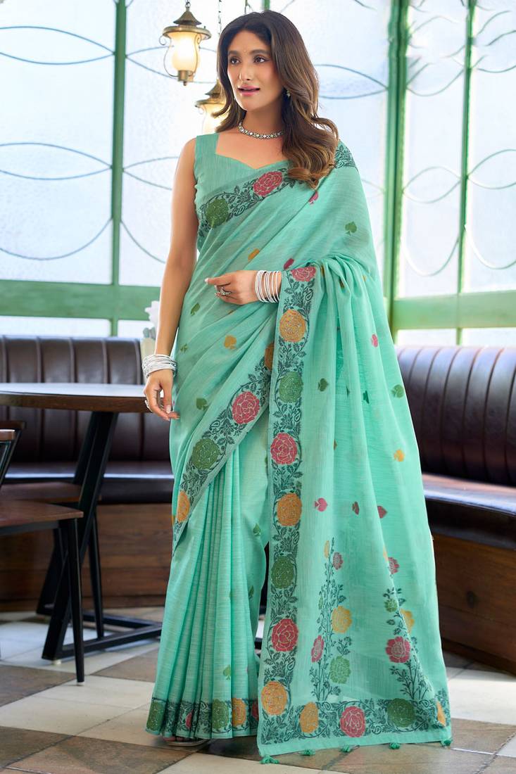 Turquoise linen jacquard woven saree with blouse
