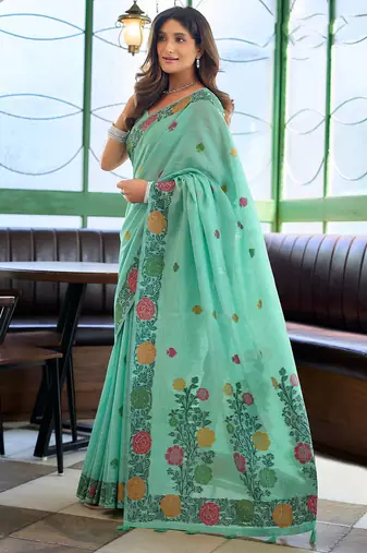 Turquoise linen jacquard woven saree with blouse