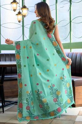 Turquoise linen jacquard woven saree with blouse 3