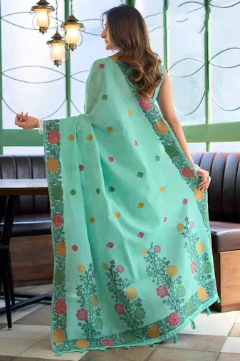 Turquoise linen jacquard woven saree with blouse