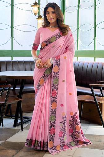 Pink linen jacquard woven saree with blouse