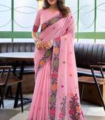 Pink linen jacquard woven saree with blouse