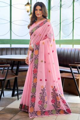 Pink linen jacquard woven saree with blouse 2