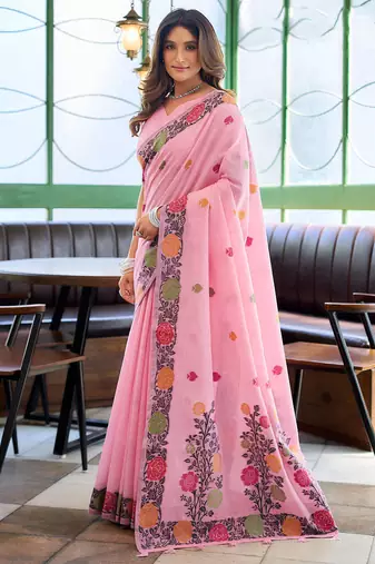 Pink linen jacquard woven saree with blouse