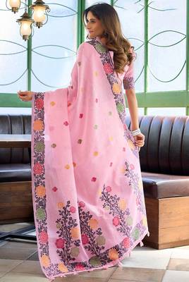 Pink linen jacquard woven saree with blouse 3