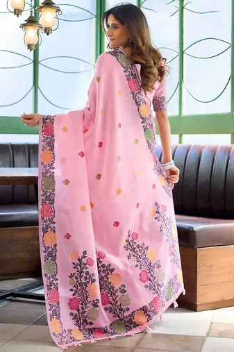 Pink linen jacquard woven saree with blouse