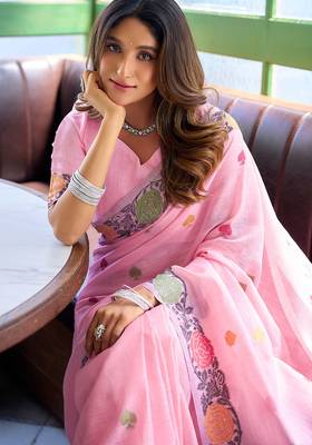 Pink linen jacquard woven saree with blouse 5