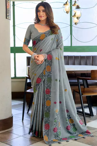 Grey linen jacquard woven saree with blouse