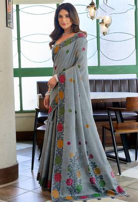 Grey linen jacquard woven saree with blouse 2