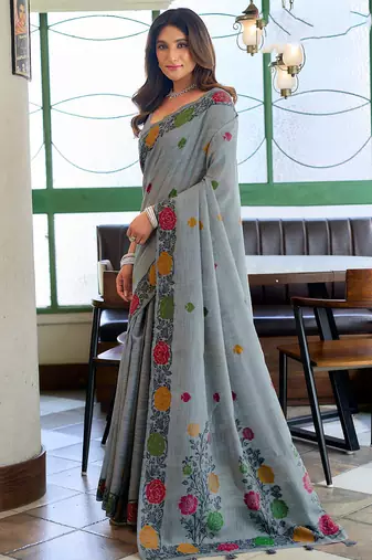 Grey linen jacquard woven saree with blouse